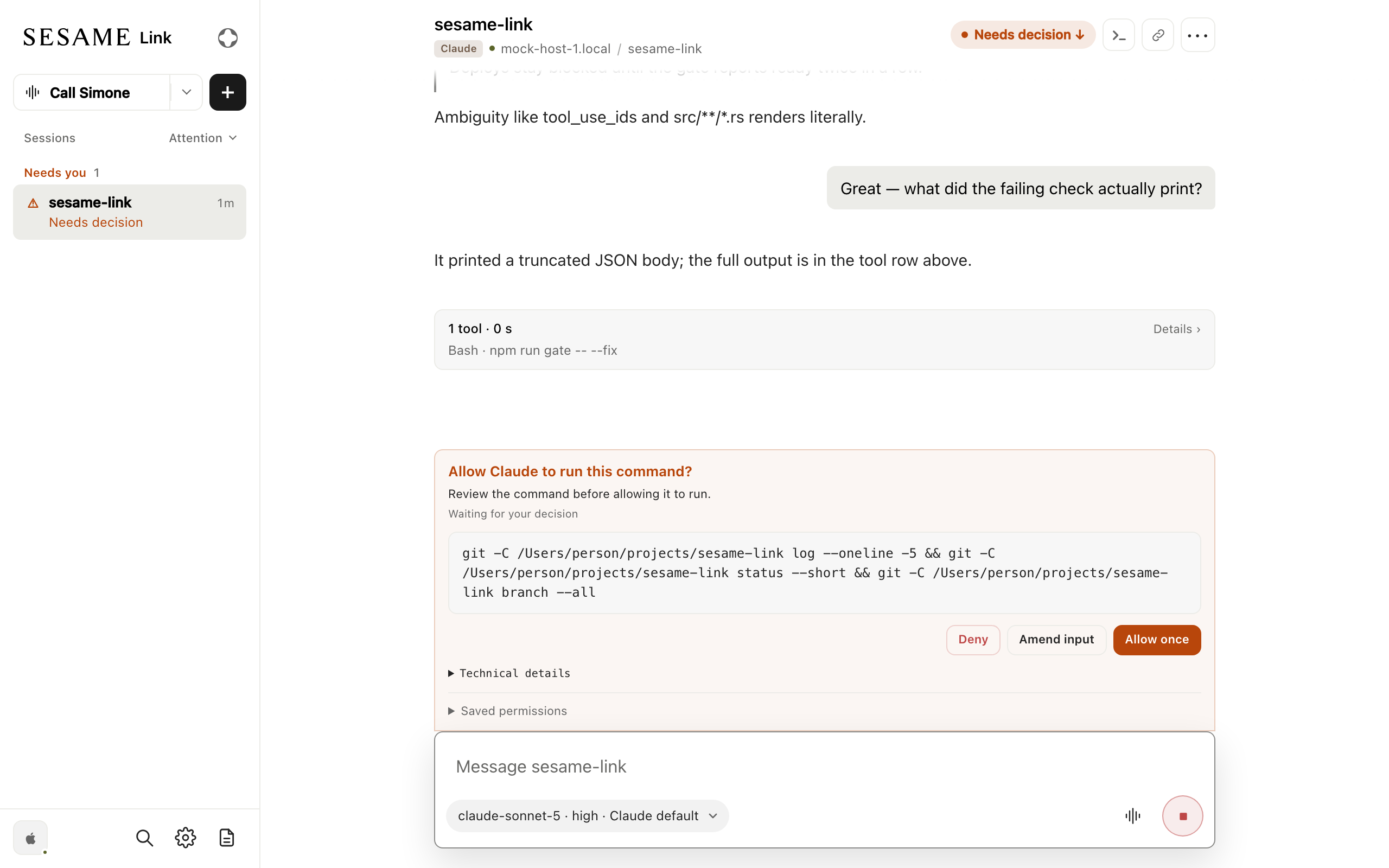 A permission prompt in the web client asking to allow a command, with Deny, Amend input, and Allow once
