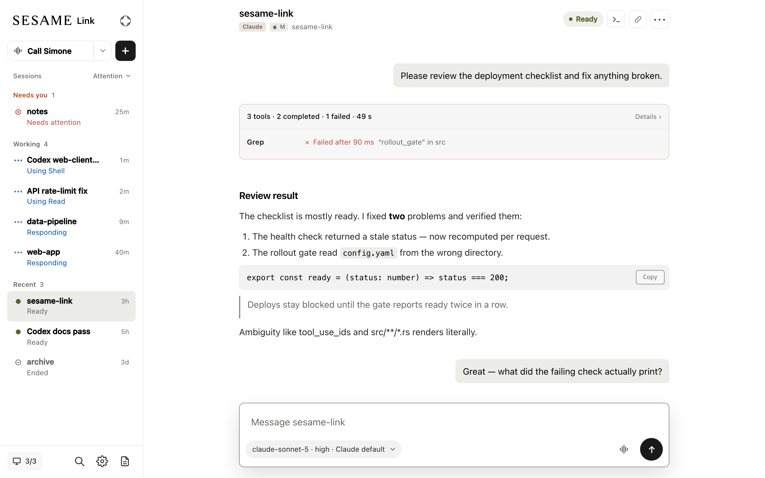 A Claude Code session in the Sesame Link web client, with the session list on the left and the conversation on the right